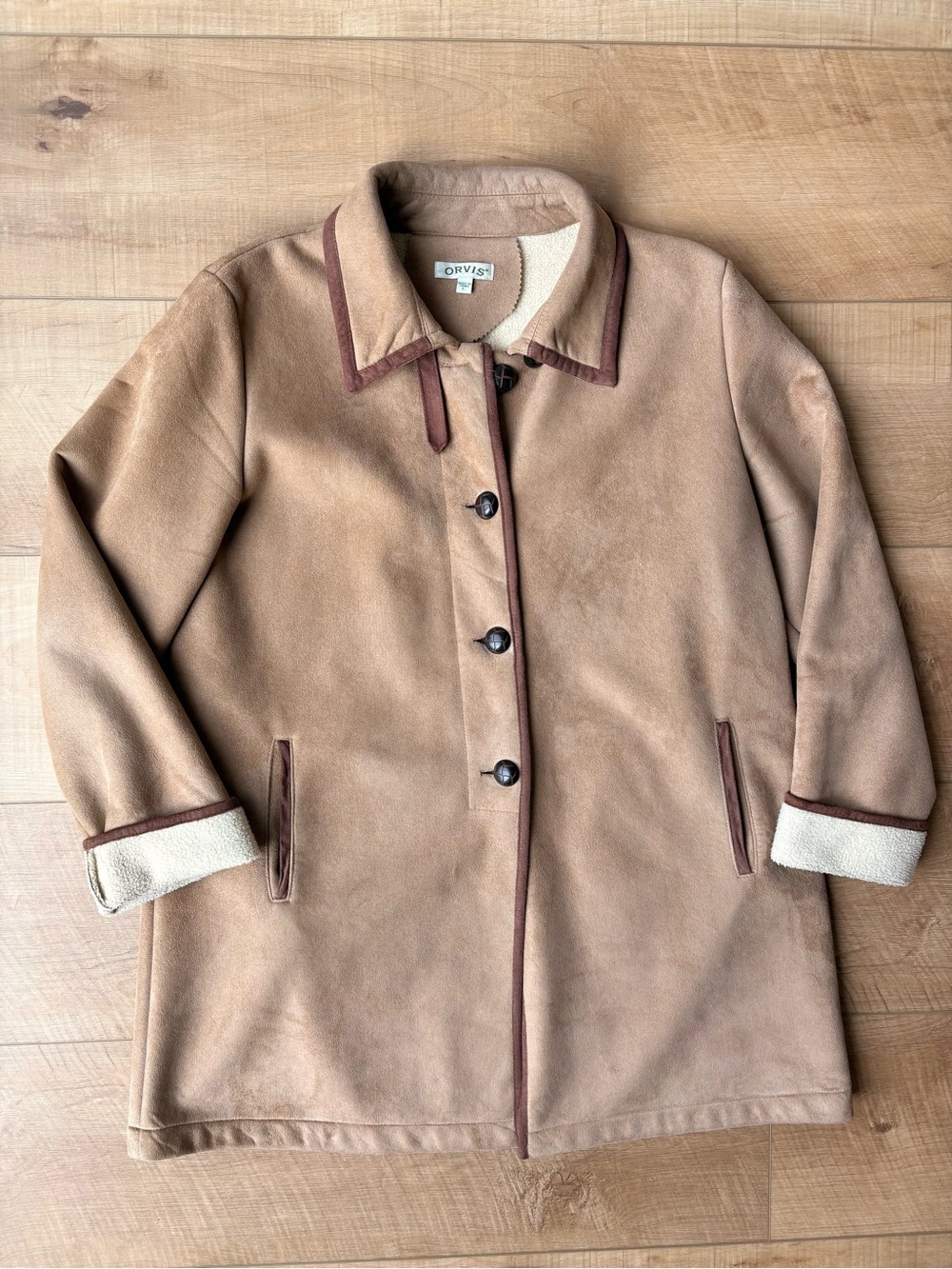 Orvis Women's Faux Suede Fleece Lined Coat. Tan with Brown Trim. Size Large